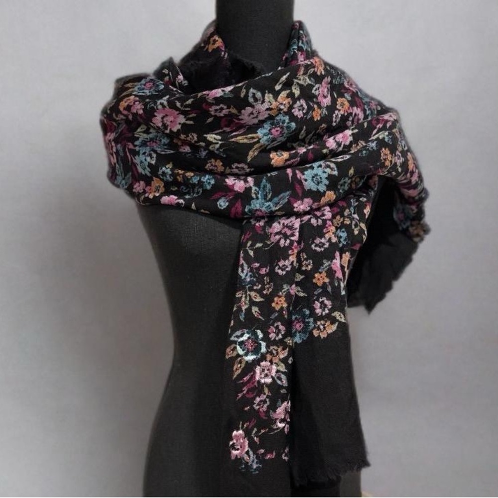 Boho Floral Tassel Scarf – Large Black Pashmina Style Shawl Pink & Blue Flowers - Picture 3 of 17